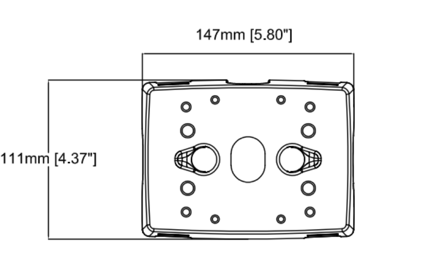 Camera pole mount dimensions: 147 mm (5.80 in) wide by 111 mm (4.37 in)