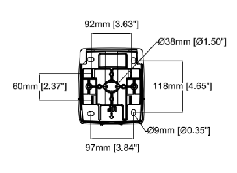 Camera pole mount dimensions: 92 mm (3.63 in) and 97 mm (3.84 in) wide, 118 mm (4.65 in) and 60 mm (2.37 in), mounting holes 38 mm (1.50 in) and 9 mm (0.35 in)