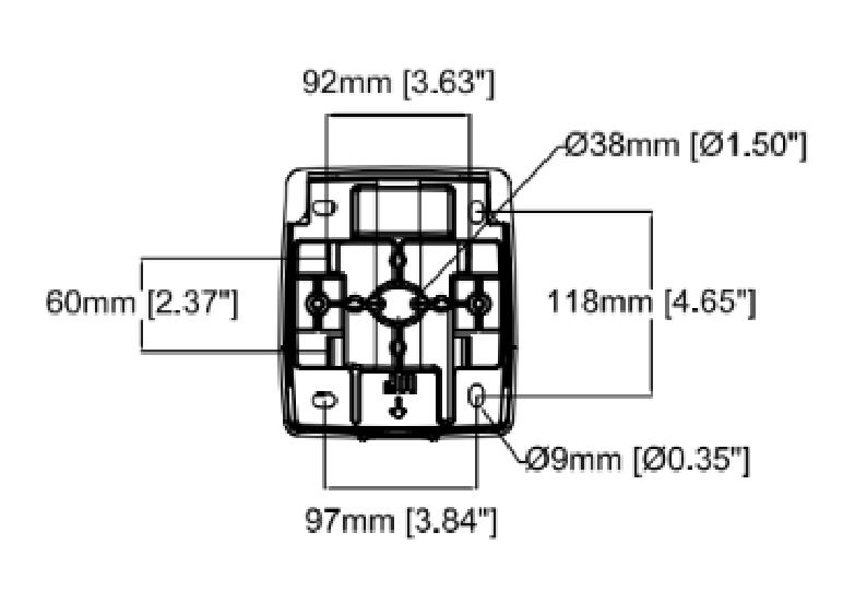 Camera pole mount dimensions: 92 mm (3.63 in) and 97 mm (3.84 in) wide, 118 mm (4.65 in) and 60 mm (2.37 in), mounting holes 38 mm (1.50 in) and 9 mm (0.35 in)