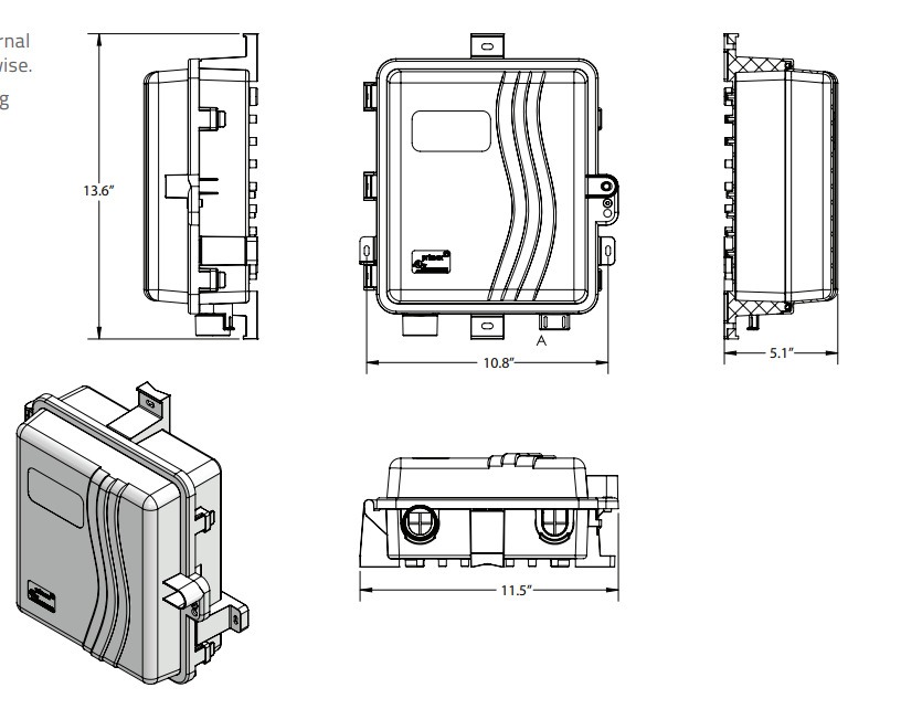 Communication box dimension drawings: 13.6 in tall, 10.8 in wide, 5.1 in deep, 11.5 in across the base